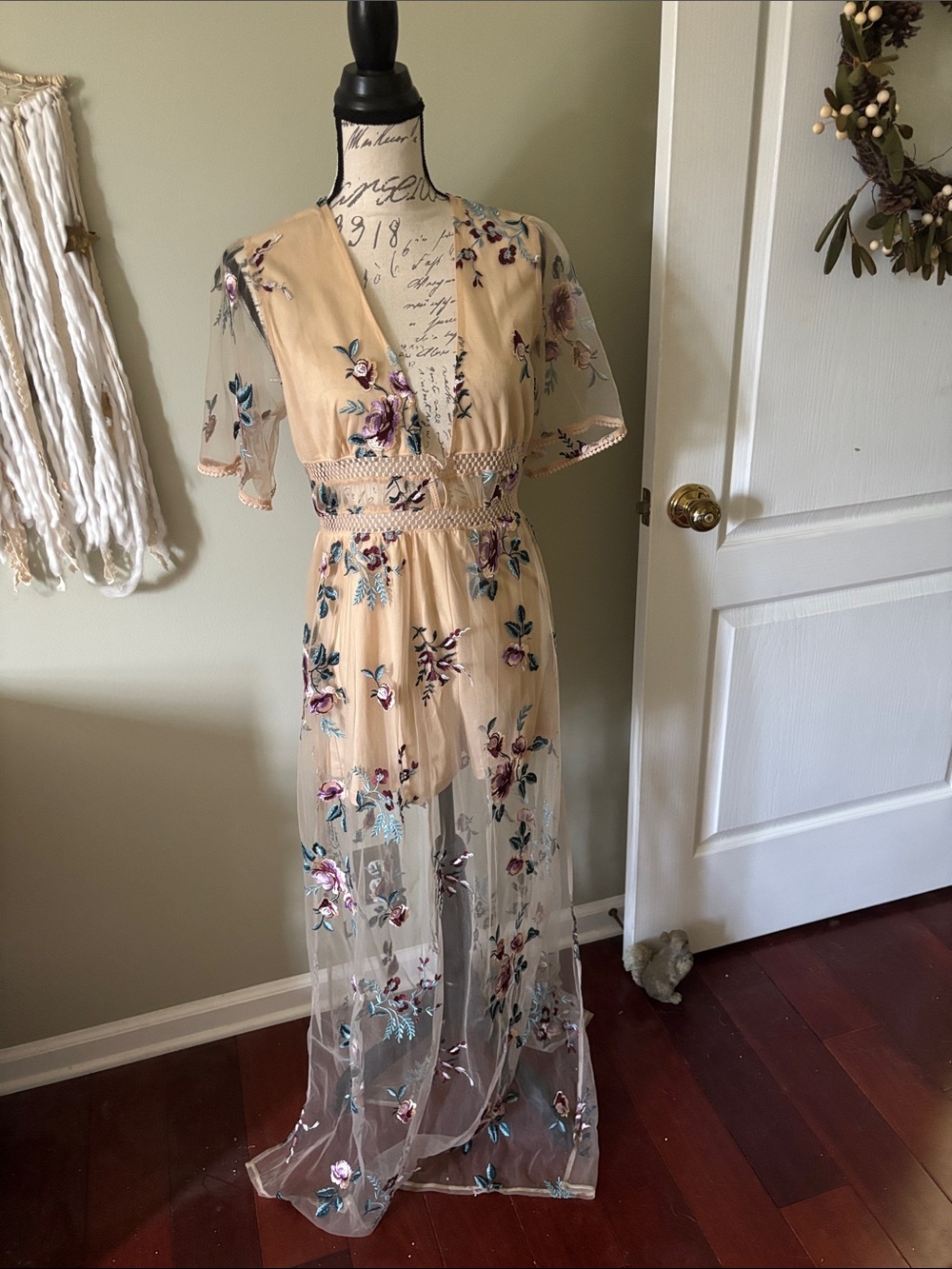 Grace Beige Sheer Floral Embroidered Maxi Dress